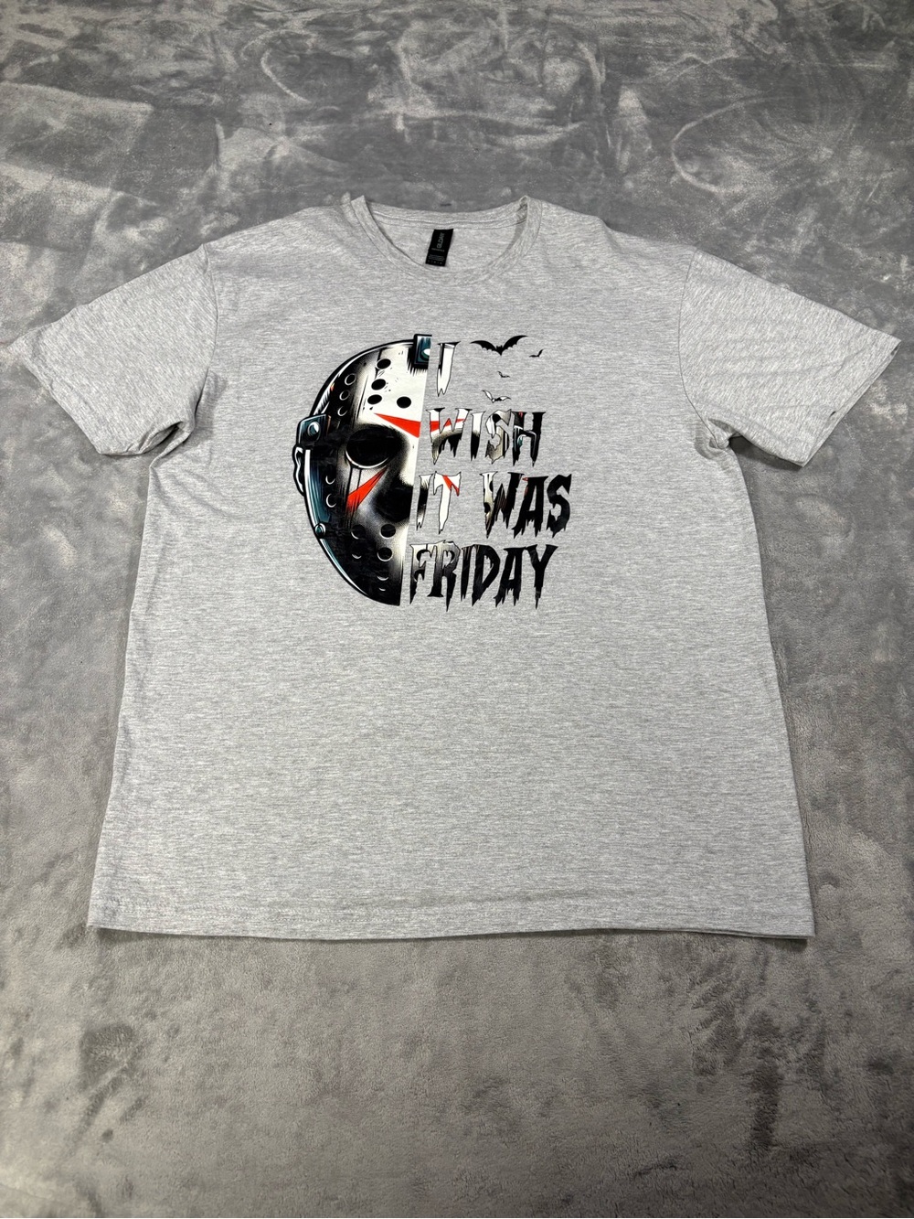 Gildan Grey Graphic Tee with Black, Red and White Horror Mask